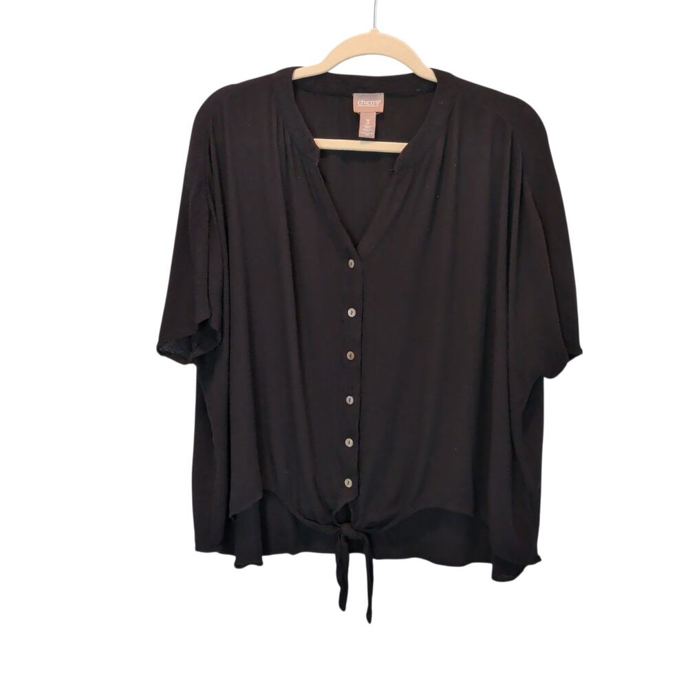 Chicos Sz 3 (XL) Black Gauzy Button Up Popover Top Lightweight Summer Boxy